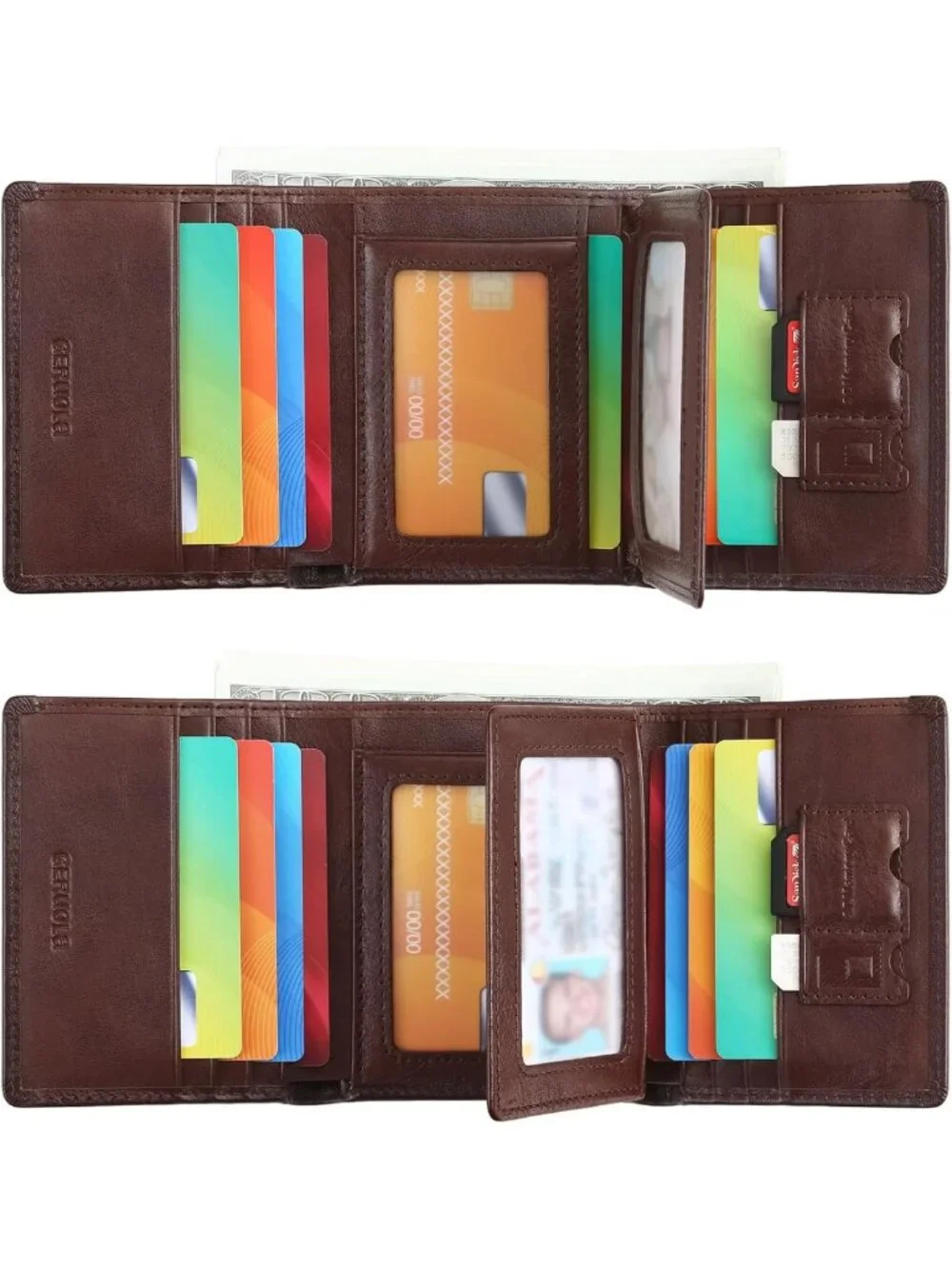 Genuine Leather Trifold Wallet for Men, RFID Blocking, Large Capacity, ID & Card